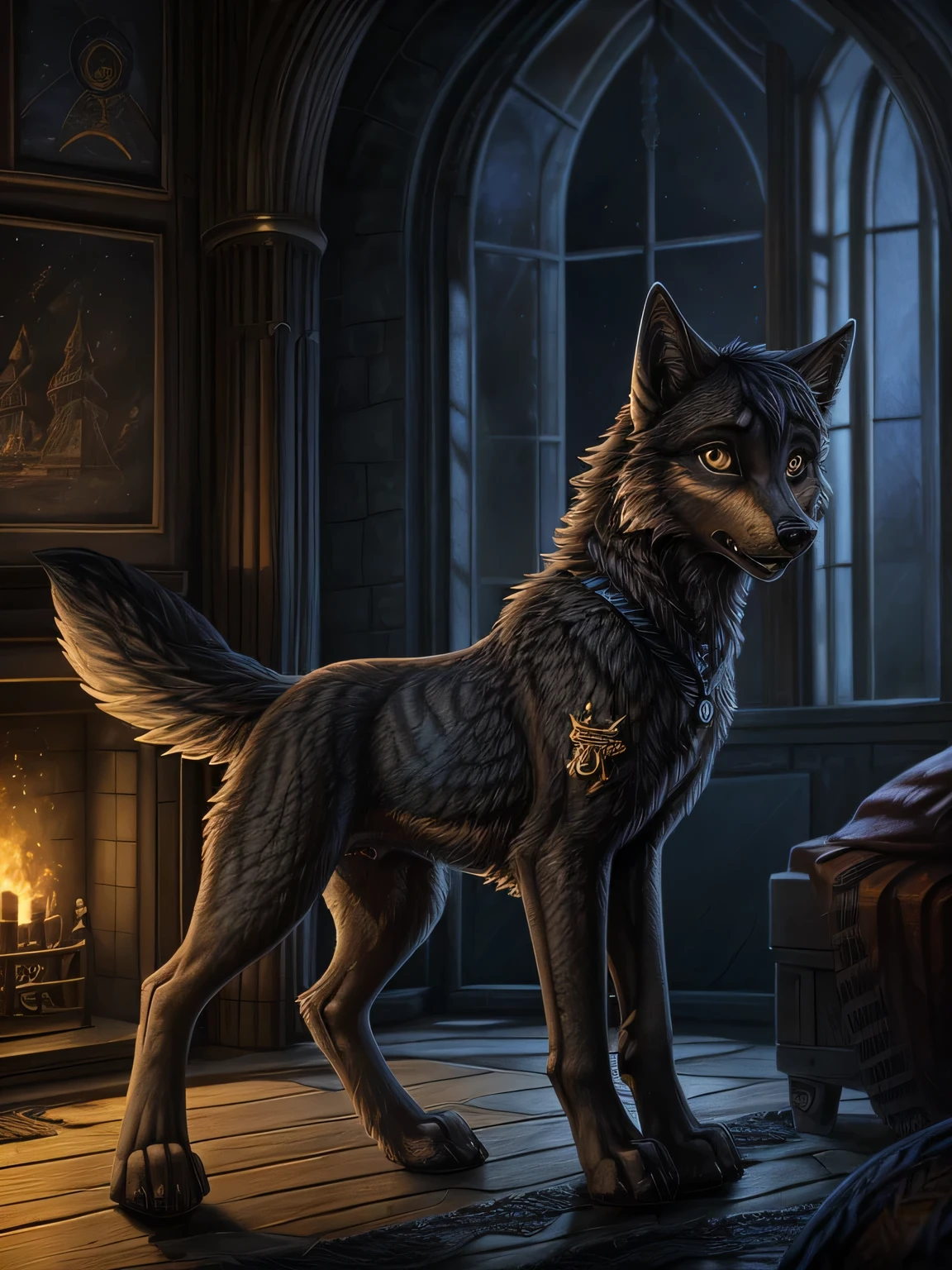 (by Hioshiru), by fluff-kevlar, (wolf:1.4), ((feral)), quadruped, 4k, detailed, intricate, (female), (masterpiece), best quality, (detailed eyes:1.4), NSFW, (hogsks), (photo-realistic), hogwarts, harry potter, (((ravenclaw))), uploaded on e621, digitigrade, girl, castle, light belly fur, (grey fur)), gold eyes, dark hair, (fluffy tail), skinny, slim build, long legs, canine paws, long ears, long snout, indoors, castle bedroom, night lighting, full body portrait, anatomically correct, anatomically correct dog pussy, dog pussy, canine vulva, dark vagina, caught naked pose, embarrassed expression