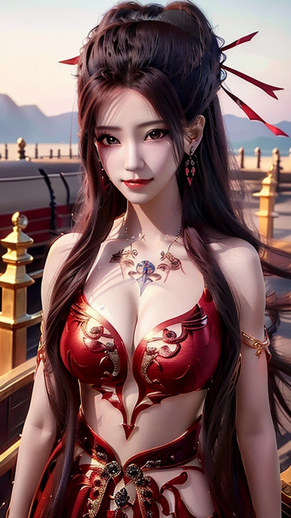 (extremely detailed CG unity 8k wallpaper), the most beautiful artwork in the world, 1girl, breasts, solo, jewelry, earrings, long_hair, cleavage, red_hair, hair_over_one_eye, brown_eyes, looking_at_viewer, tattoo, large_breasts, upper_body, arm_tattoo, kpop idol, jisoo