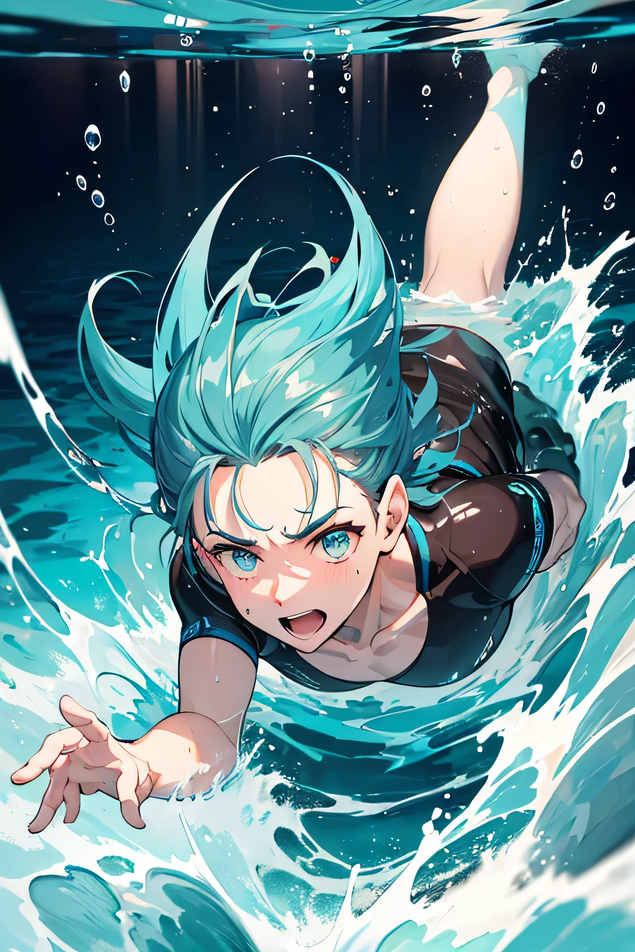 Man inside the ocean underwater There's electricity around him There's lightning coming out of his hands
Tem eletricidade em volta raios tempestade