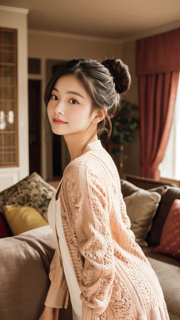 a young Korean housewife in a beige knitted cardigan, pink floral dress, large hair bun, standing in living room, face to viewer, facing front, feminine pose, serene expression, cute face, detailed face, detailed clothing, detailed background, natural lighting, warm colors, beautiful scenery, intricate details, highly detailed, photorealistic, 8k, ((masterpiece)), cinematic style, portrait