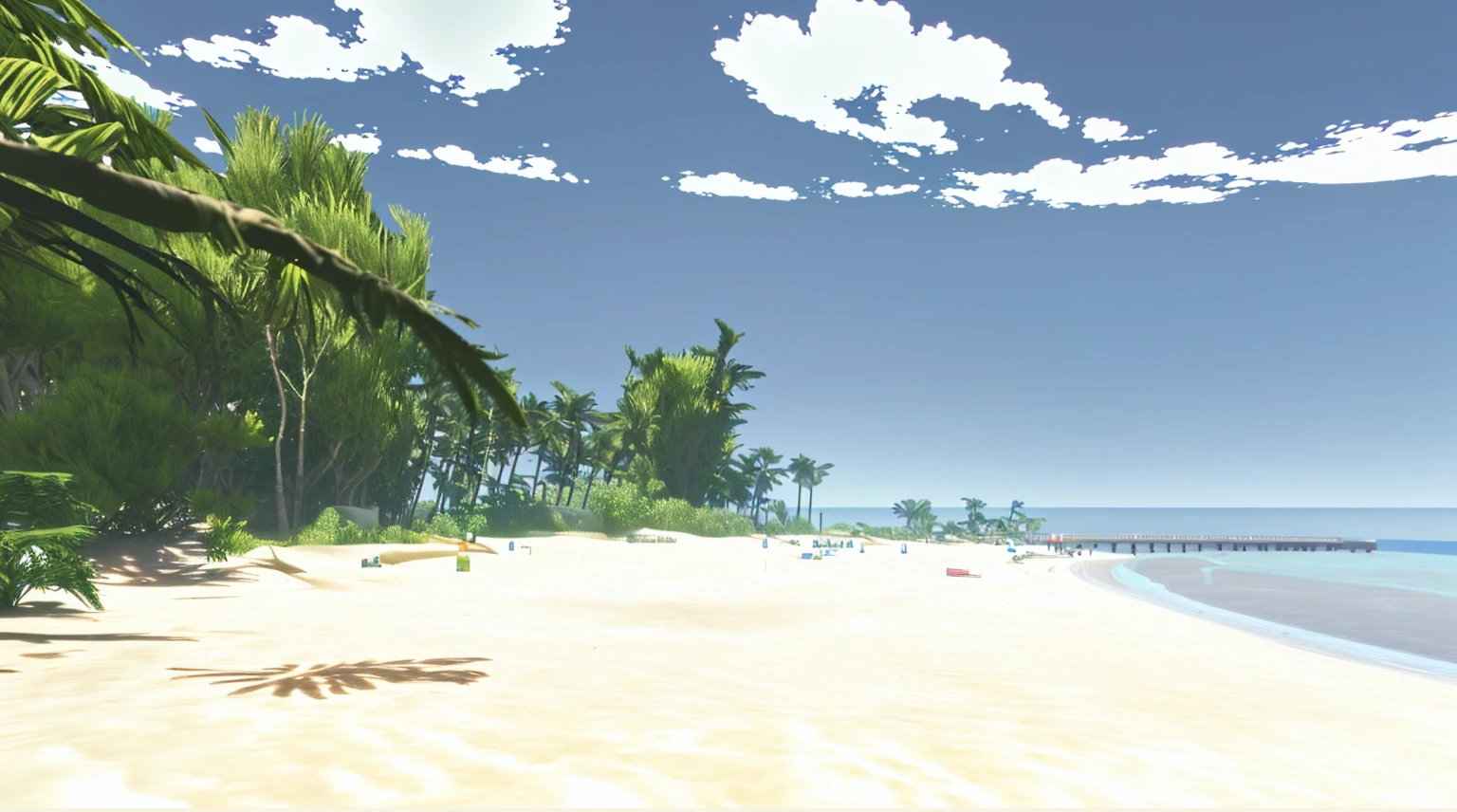 Pier and trees々のあるBeachの写真があります, Sandy Beach, Unity 3Dでレンダリング, 風の強いBeach, 手前のBeach, Beach, ( ( 3D Rendering ) ), A very distant forest, ( ( ( ( 3D Rendering ) ) ) ), Video game stills, Beachの風景, Detailed wide shot, Ghibli Screenshots, 背景のBeachの木々