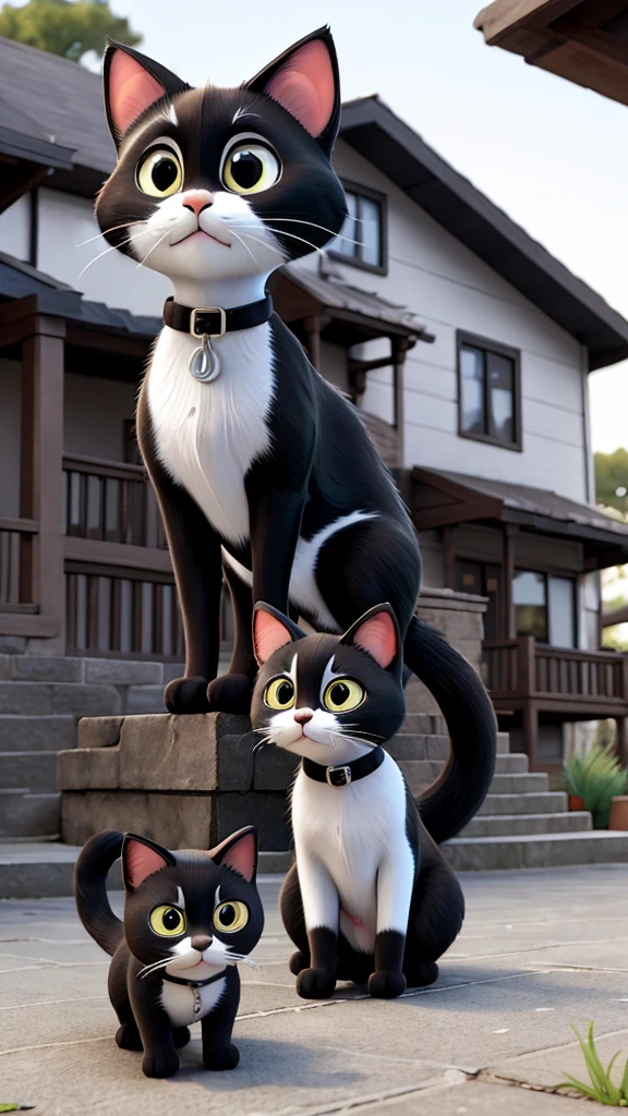 The same black and white cat meowing to call over other neighborhood cats, who come to see what’s going on.