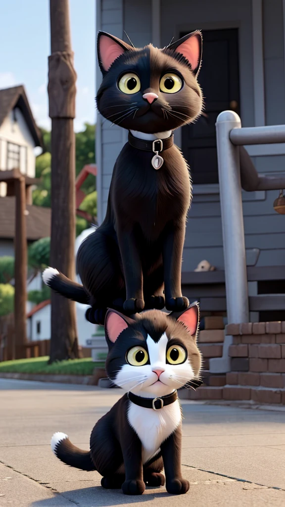 The same black and white cat meowing to call over other neighborhood cats, who come to see what’s going on.