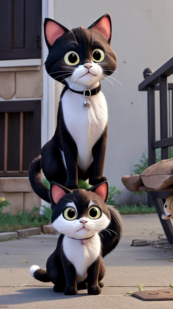 The same black and white cat meowing to call over other neighborhood cats, who come to see what’s going on.