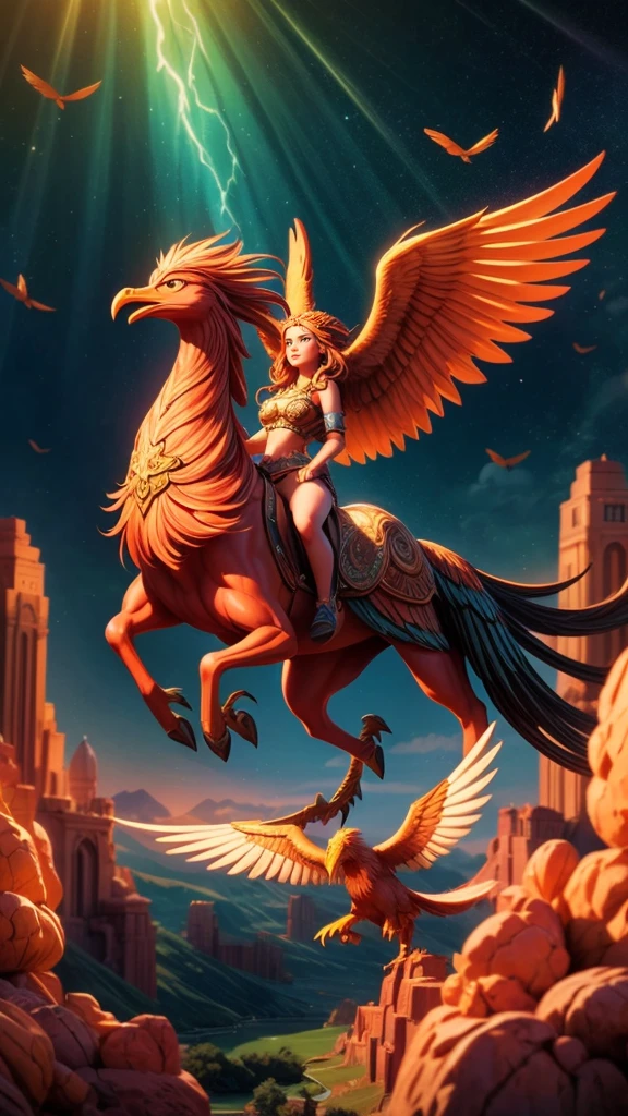 a beautiful girl riding a majestic phoenix, detailed portrait, long flowing hair, intricate feathers, mythical creature, surreal fantasy landscape, dramatic lighting, vibrant colors, cinematic composition, photorealistic, 8k, best quality, masterpiece