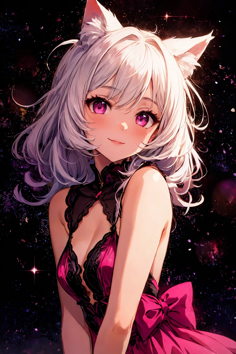 非Highly detailed face,fine grain,Highlighted eyes, medium breasts ,pretty girl, smile shyly,Cat ear,Beautiful silver hair,Pink inside,Beautiful pink eyes,shiny skin, beautiful shadow, singing scene, dress scene, looking the viewer, Represent idol in bright colors, Represent idol dress in colorful colors