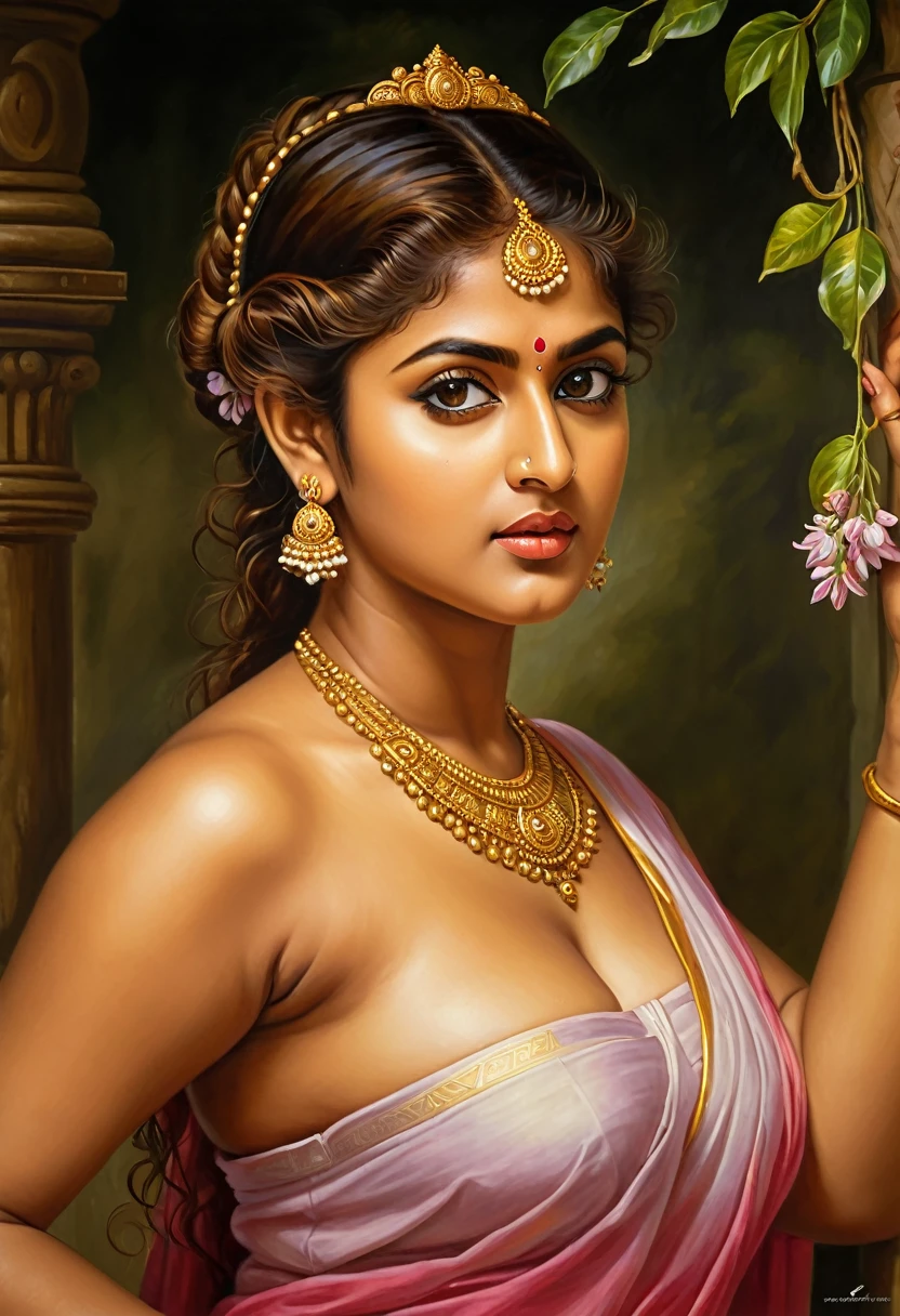 Looks like Nayanthara, exotic Indian art, oviyar maruthi style painting, Masterpiece, Beautiful Thick Woman, Best quality, high clarity eyes, critically flawless,sharp picture, Full portrait, High pixels, perfect face, perfect eyes, beautiful face, perfect hands,perfect fingers, in Peter Paul Rubens style, by Peter Paul Rubens, baroque style, acrylic on canvas, highly detailed, description: "Create a nymph inspired by the tales of Greek or Roman mythology, embodying the essence of a natural element or location, and possessing a unique ability or trait that sets her apart."