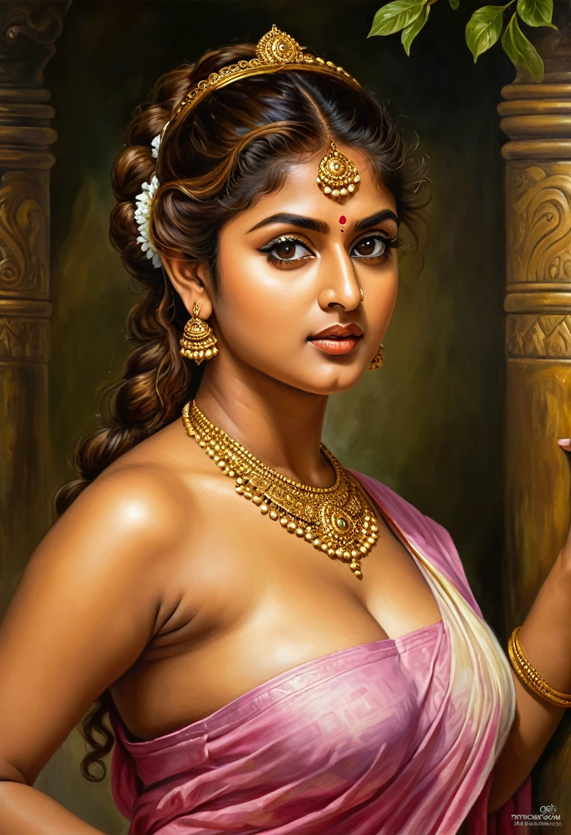 Looks like Nayanthara, exotic Indian art, oviyar maruthi style painting, Masterpiece, Beautiful Thick Woman, Best quality, high clarity eyes, critically flawless,sharp picture, Full portrait, High pixels, perfect face, perfect eyes, beautiful face, perfect hands,perfect fingers, in Peter Paul Rubens style, by Peter Paul Rubens, baroque style, acrylic on canvas, highly detailed, description: "Create a nymph inspired by the tales of Greek or Roman mythology, embodying the essence of a natural element or location, and possessing a unique ability or trait that sets her apart."