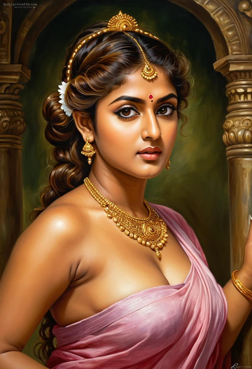 Looks like Nayanthara, exotic Indian art, oviyar maruthi style painting, Masterpiece, Beautiful Thick Woman, Best quality, high clarity eyes, critically flawless,sharp picture, Full portrait, High pixels, perfect face, perfect eyes, beautiful face, perfect hands,perfect fingers, in Peter Paul Rubens style, by Peter Paul Rubens, baroque style, acrylic on canvas, highly detailed, description: "Create a nymph inspired by the tales of Greek or Roman mythology, embodying the essence of a natural element or location, and possessing a unique ability or trait that sets her apart."