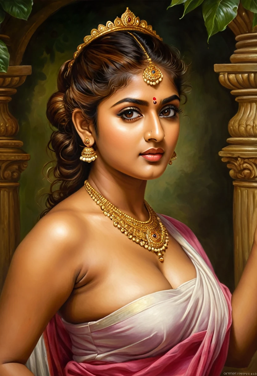 Looks like Nayanthara, exotic Indian art, oviyar maruthi style painting, Masterpiece, Beautiful Thick Woman, Best quality, high clarity eyes, critically flawless,sharp picture, Full portrait, High pixels, perfect face, perfect eyes, beautiful face, perfect hands,perfect fingers, in Peter Paul Rubens style, by Peter Paul Rubens, baroque style, acrylic on canvas, highly detailed, description: "Create a nymph inspired by the tales of Greek or Roman mythology, embodying the essence of a natural element or location, and possessing a unique ability or trait that sets her apart."