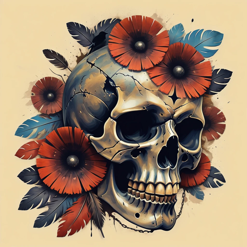 (best quality,4k,8k,highres,masterpiece:1.2),ultra-detailed,(realistic,photorealistic,photo-realistic:1.37),oil painting,colorful,brush strokes,dramatic lighting,horror,skull man warrior,aged paper,aesthetic,dripping ink,gritty texture,dark and moody atmosphere,detailed facial features,expressionless face,intense gaze,weathered armor,worn out sword,ancient runes,crow feathers,ominous background,grim reaper vibes,haunting,creepy,macabre,vintage style,monochrome with sepia tones,contrast,depth,texture,old world charm,subtle decay,aged elegance,cracked paint,weathered detailspeated paint,cracked stone texture,long shadows,dusty appearance,creased edges,sculptural quality