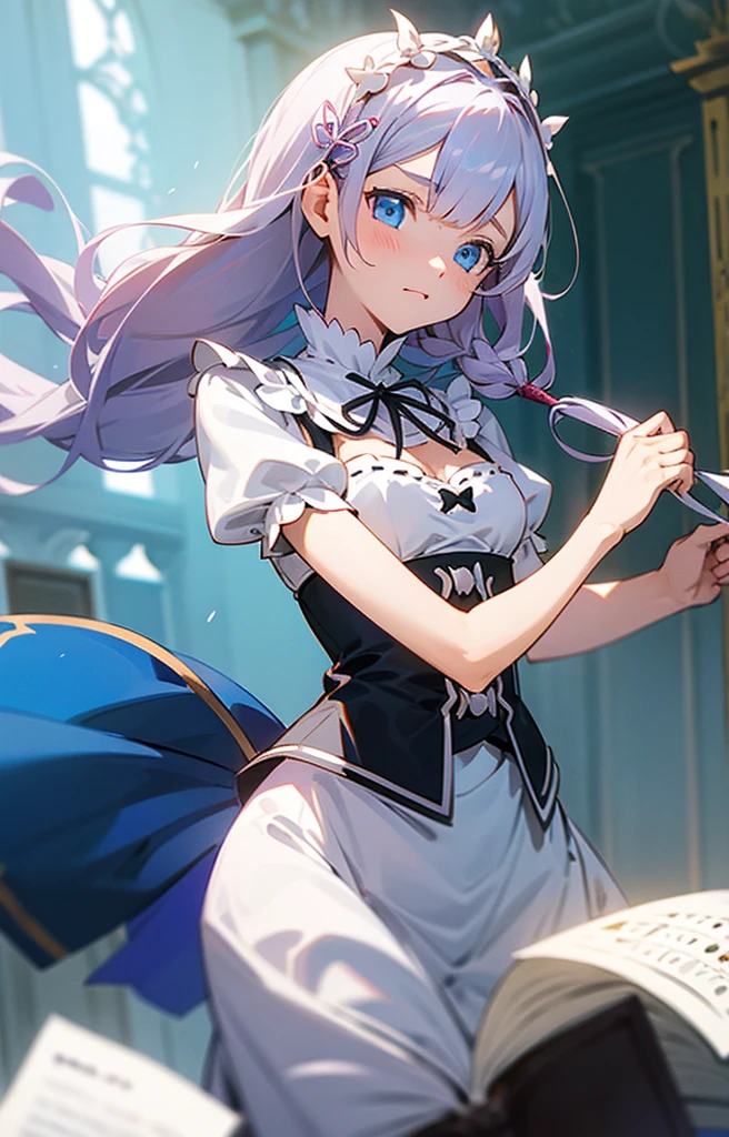 emilia de re:zero, agaixada na biblioteca, cabelo branco longo, ornamento de cabelo, olhos roxos, sentada