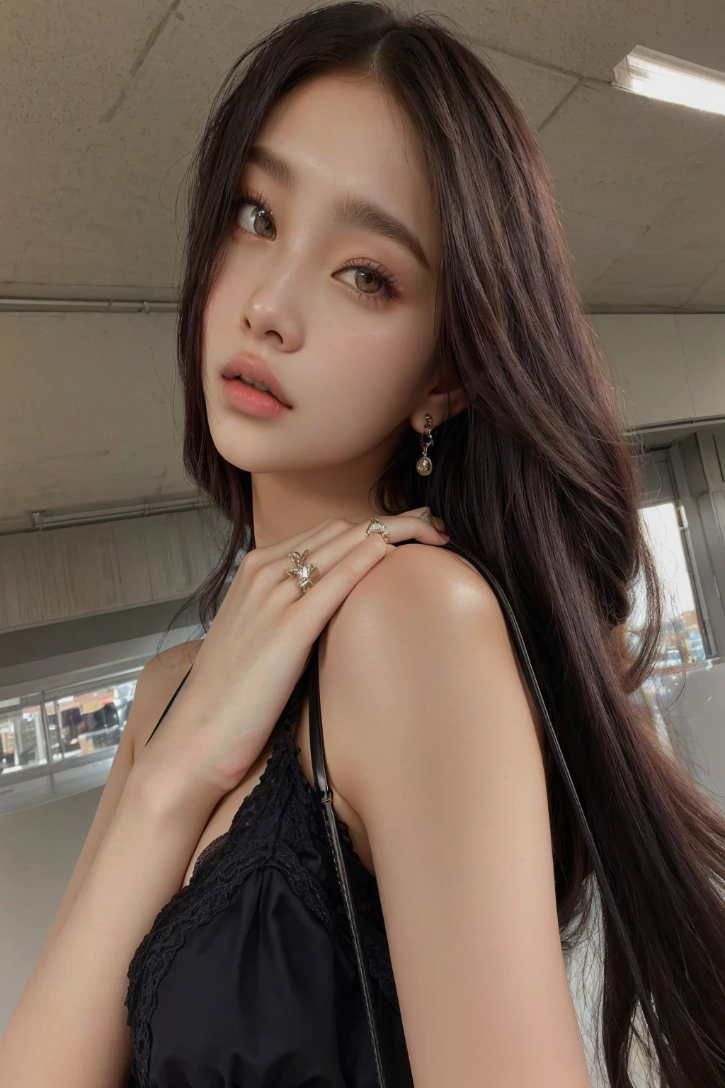there is a woman that is posing for a picture with a purse, portrait sophie mudd, anna nikonova aka newmilky, bella poarch, dasha taran, angelina stroganova, kailee mandel, style of julia razumova, julia gorokhova, madison beer, with long hair and piercing eyes, soft devil queen madison beer , blackpink jennie , blackpink Lisa , asian famale face , cute girl , Korean famale