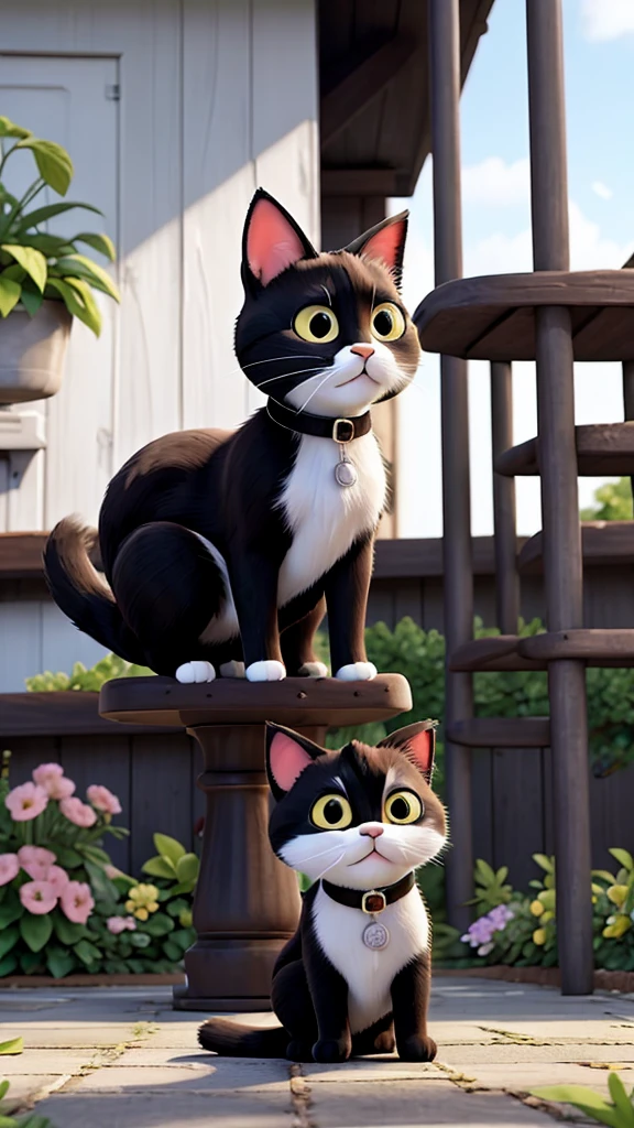 The same black and white cat meowing to call over other neighborhood cats, who come to see what’s going on in the garden