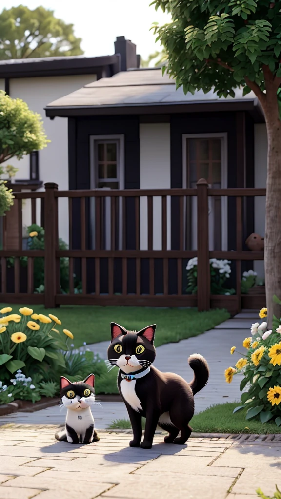 The same black and white cat meowing to call over other neighborhood cats, who come to see what’s going on in the garden