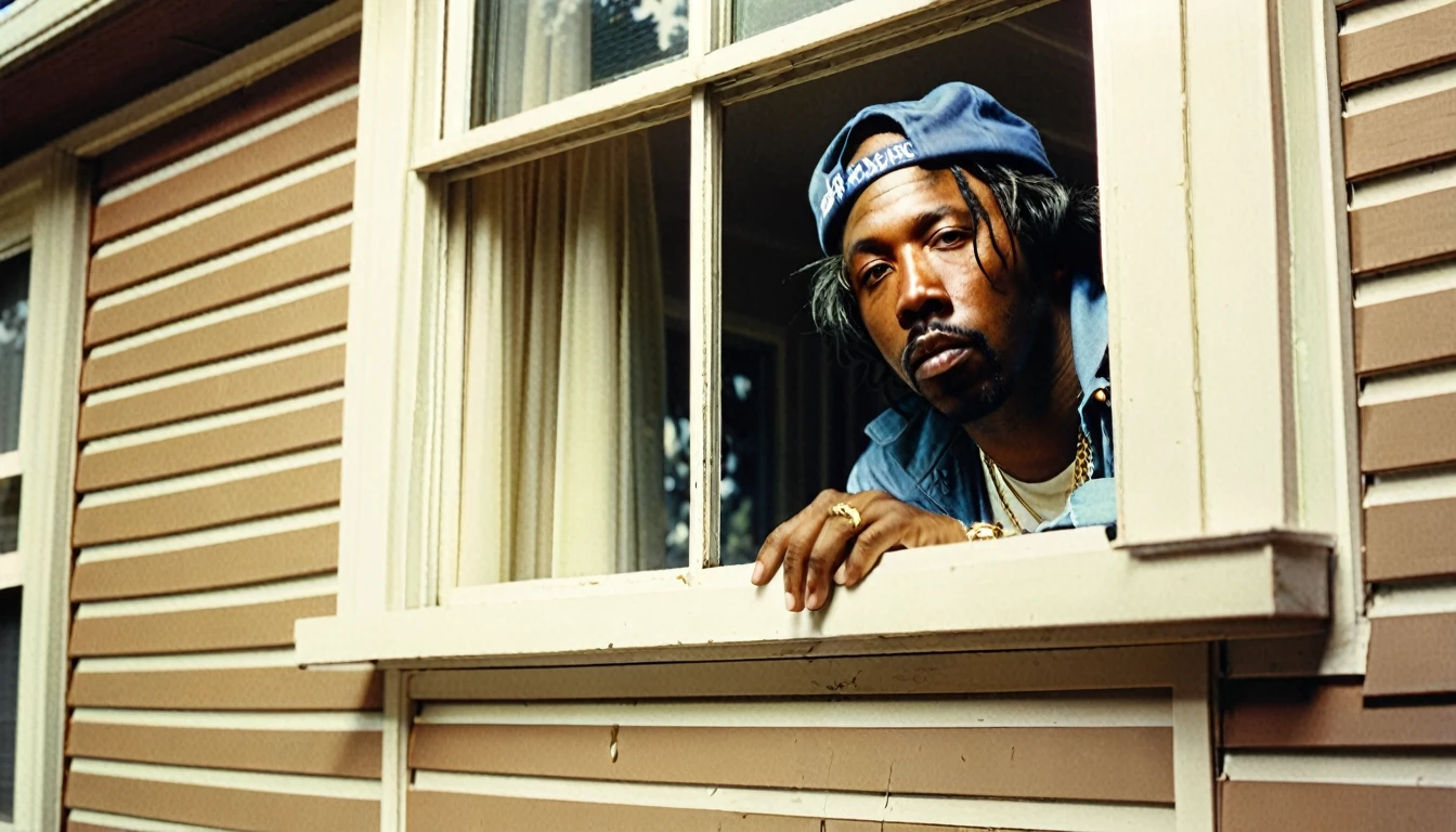 1970s photo of "MC Eiht" wearing 1970s attire, peeking thru the window of a home from the outside, atmospheric perspective,