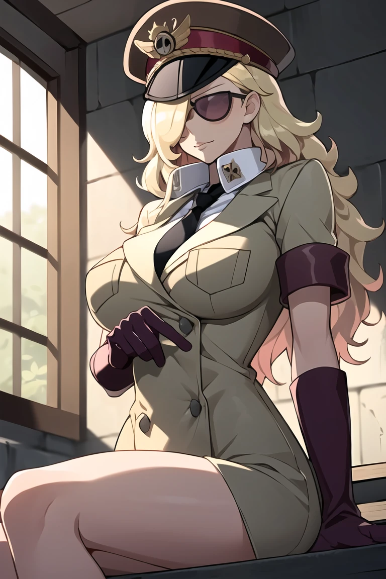 (masterpiece, best quality),domino,hat,peaked cap,uniform,gloves,sunglasses,sitting,naked, big breasts, blonde hair, prison, cell, indoors,
