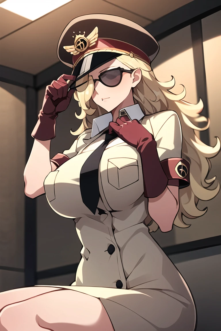 (masterpiece, best quality),domino,hat,peaked cap,uniform,gloves,sunglasses,sitting,naked, big breasts, blonde hair, prison, cell, indoors,