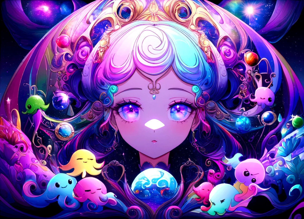 galaxy environment, whimsical, A little octopus in a magic bottle of unfeasible dream, 8K, Vivid, ultra details | | | | | | |, colorful lighting, surreal photography, portrait
