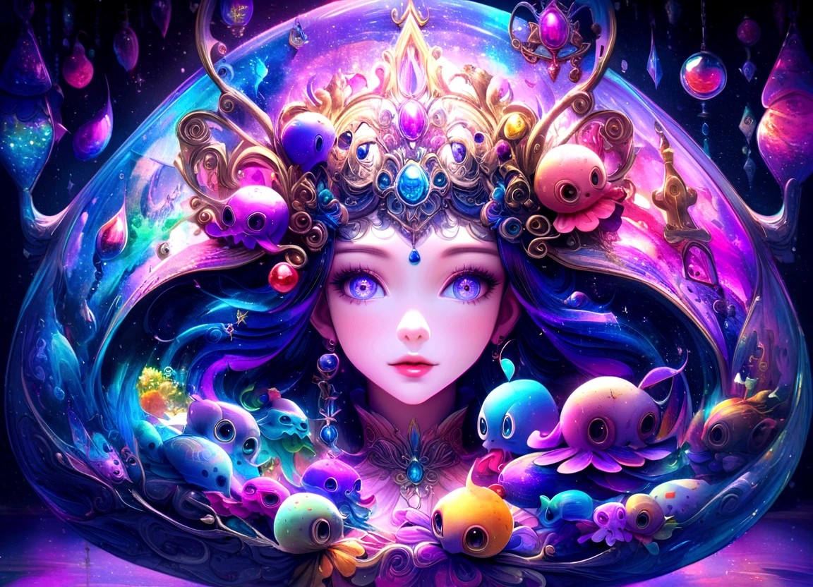 galaxy environment, whimsical, A little octopus in a magic bottle of unfeasible dream, 8K, Vivid, ultra details | | | | | | |, colorful lighting, surreal photography, portrait