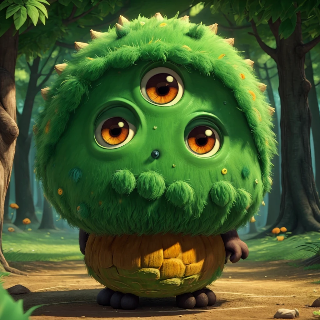 Adorable monster like movie "where monsters live" he is like a big round haircut ball, with not body, she have beautiful and big eyes black with green border, she have anys hair like raimbow color, walking in a fantasy forest, green, yellow and orange colors in ambien. Fantasy world style, dreamworks style, animation 3d, cartoon characters.