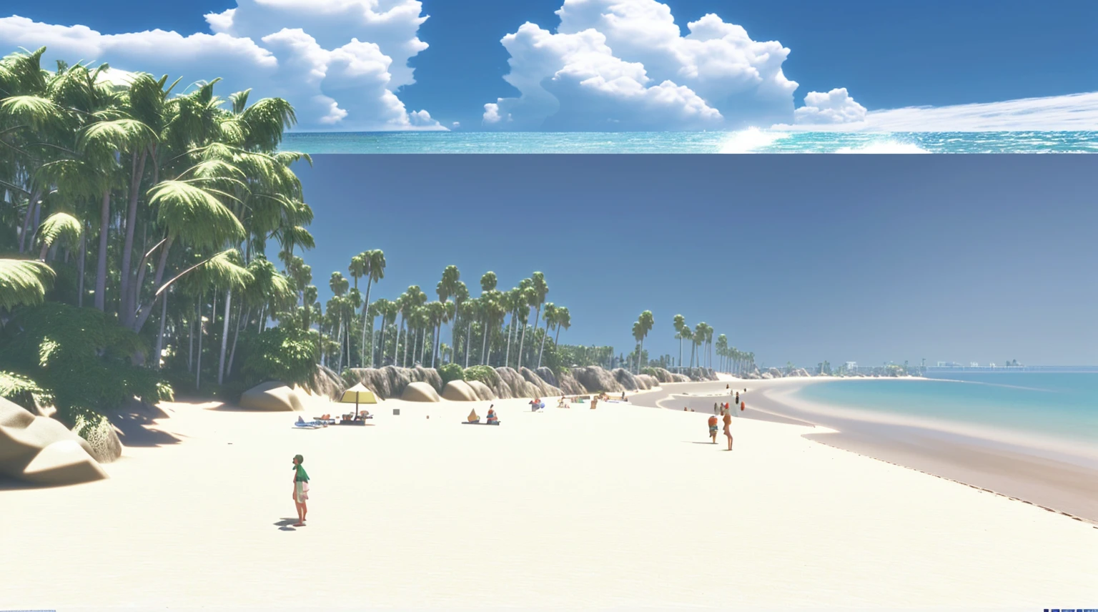 Pier and trees々のあるBeachの写真があります, Sandy Beach, Unity 3Dでレンダリング, 風の強いBeach, 手前のBeach, Beach, ( ( 3D Rendering ) ), A very distant forest, ( ( ( ( 3D Rendering ) ) ) ), Video game stills, Beachの風景, Detailed wide shot, Ghibli Screenshots, 背景のBeachの木々