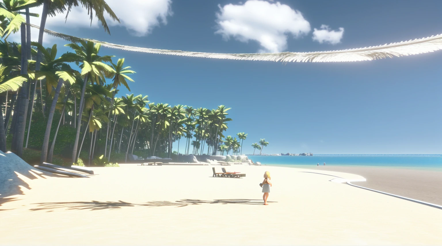 Pier and trees々のあるBeachの写真があります, Sandy Beach, Unity 3Dでレンダリング, 風の強いBeach, 手前のBeach, Beach, ( ( 3D Rendering ) ), A very distant forest, ( ( ( ( 3D Rendering ) ) ) ), Video game stills, Beachの風景, Detailed wide shot, Ghibli Screenshots, 背景のBeachの木々