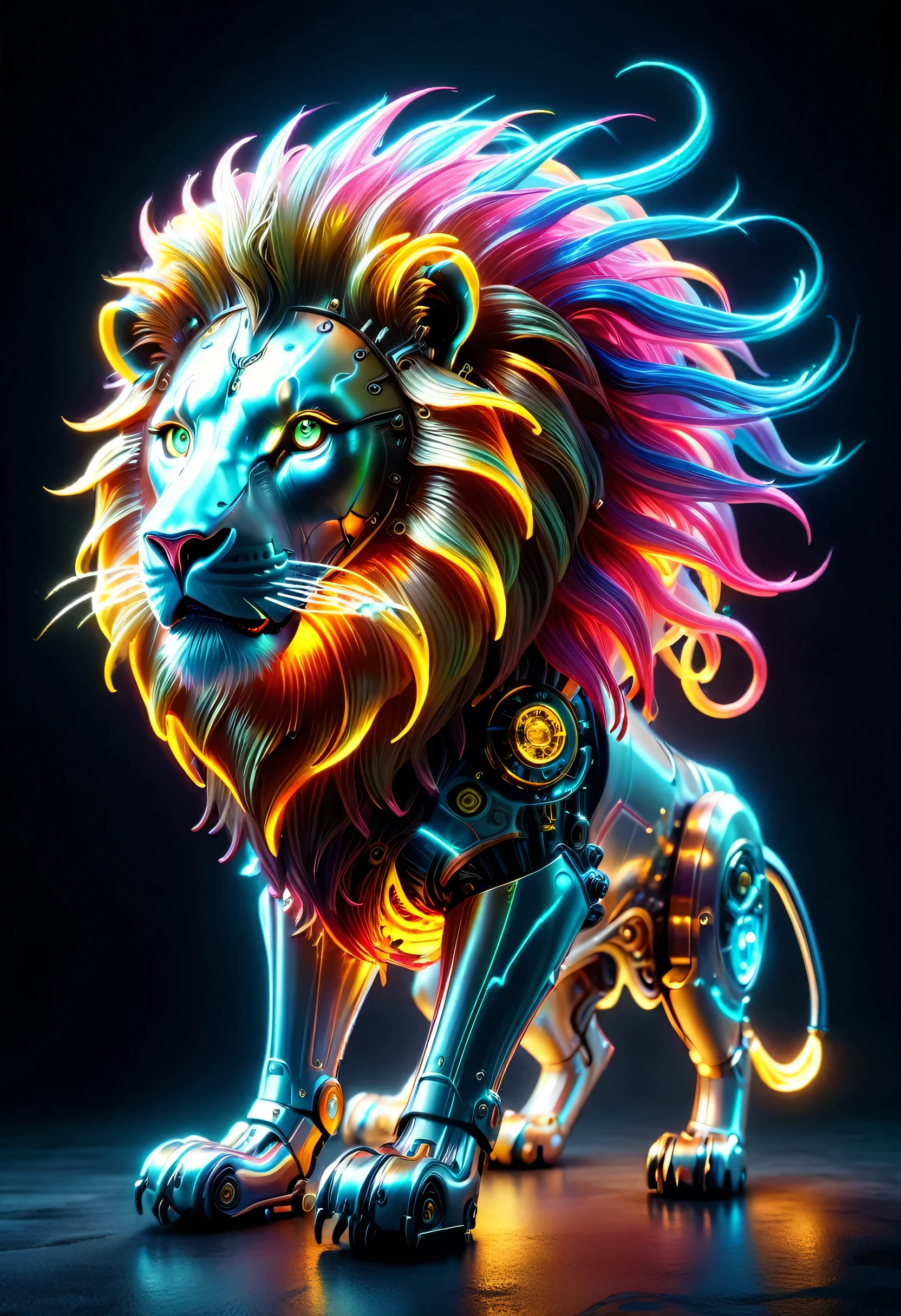 (Mechanical Lion:1.5),Mythical creatures , (Mythical Machine), (Mechanobiology),Mysterious,phantom,transparent,Bioluminescence,Divine Light,fluorescence,Charm,mystery,Bright colors,Detailed explanation,real,Super real,A spectacular technological fantasy,epic surrealism,Spectacular future fantasy,Bright colors