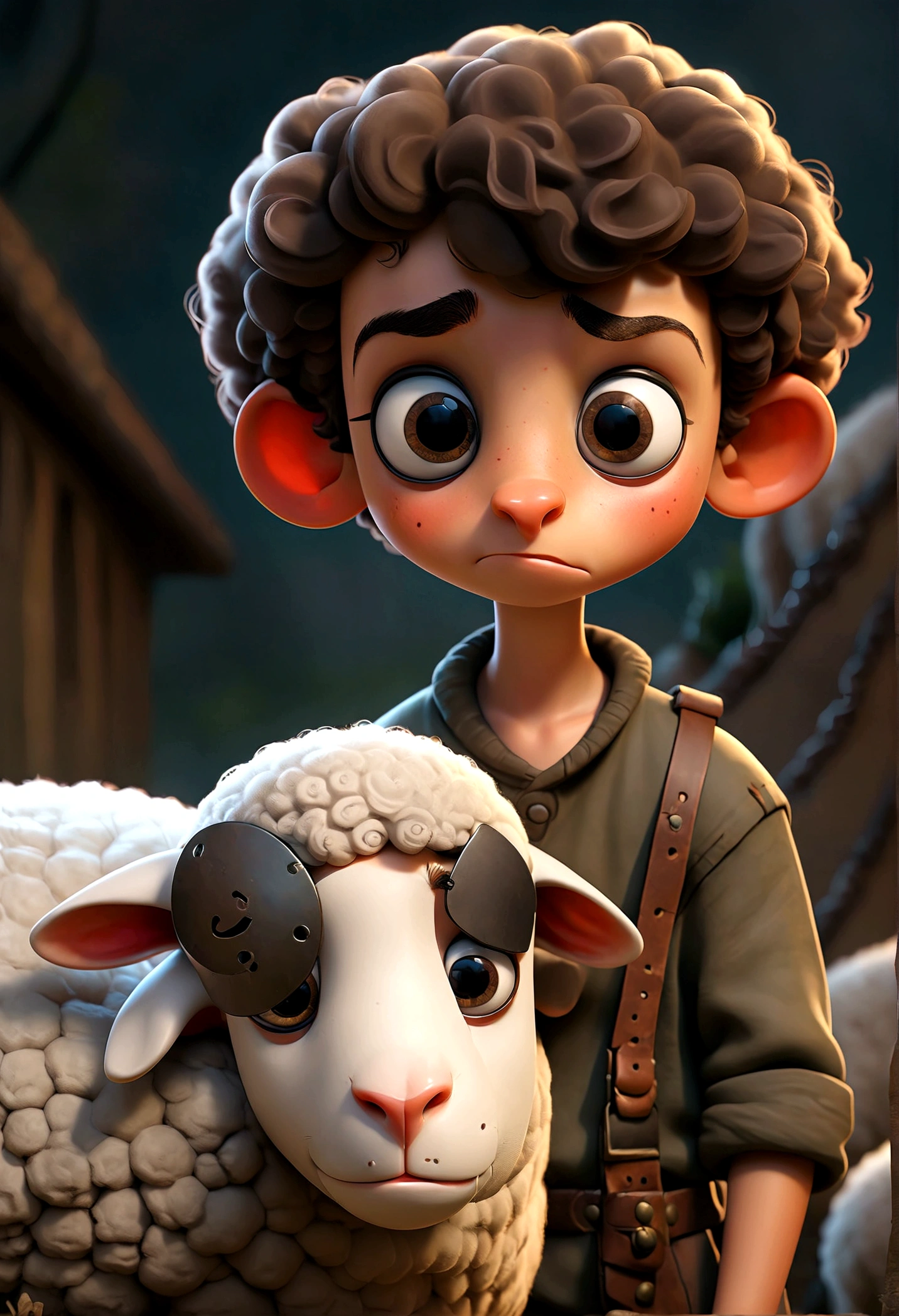 a boy stranding with a sheep beside him, smile with an eye patch, detailed face, intricate details, highly detailed, cinematic lighting, dramatic shadows, moody atmosphere, dark fantasy, digital painting, muted colors, chiaroscuro, oil painting, masterpiece, best quality, very aesthetic, absurdres