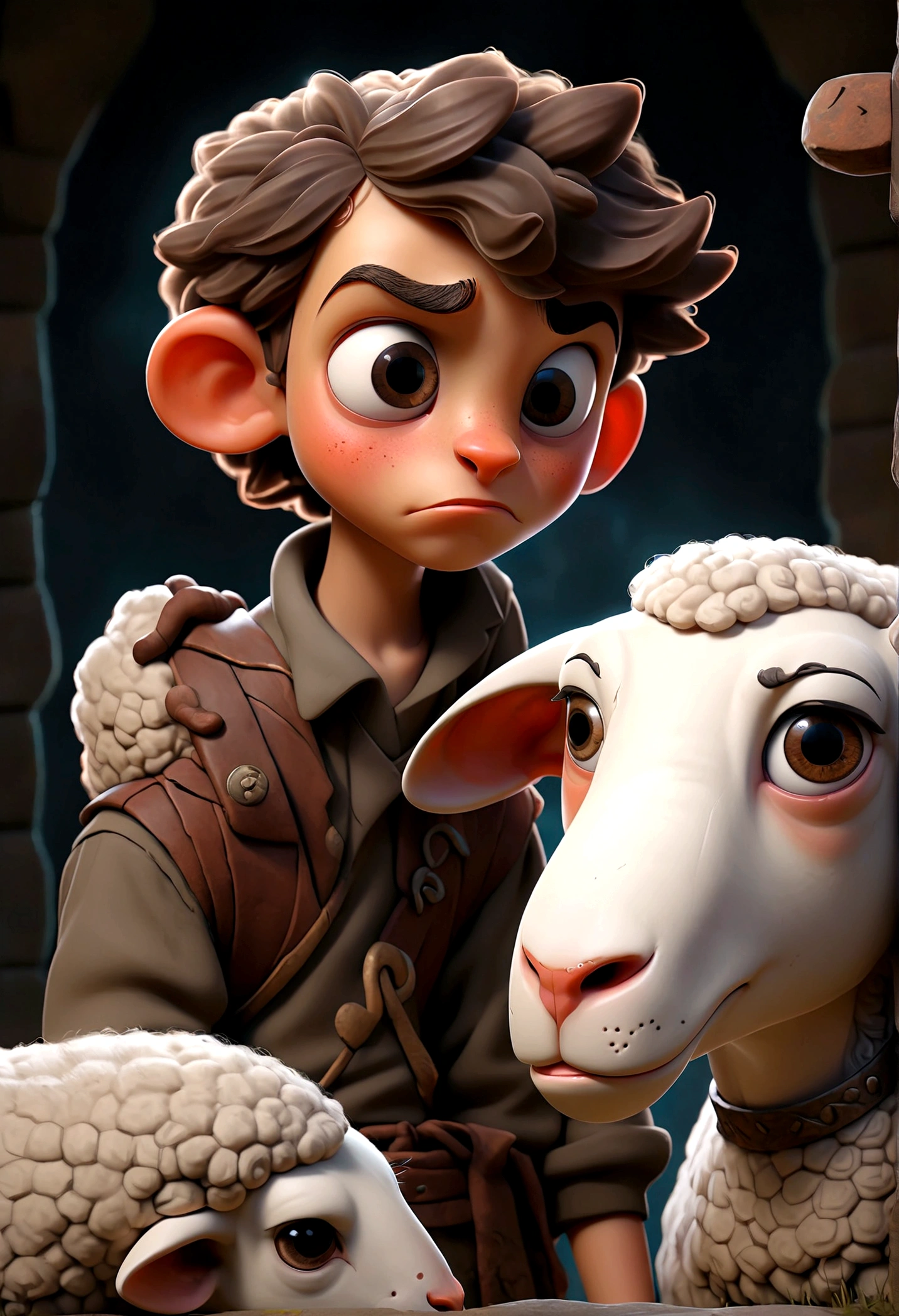 a boy stranding with a sheep beside him, smile with an eye patch, detailed face, intricate details, highly detailed, cinematic lighting, dramatic shadows, moody atmosphere, dark fantasy, digital painting, muted colors, chiaroscuro, oil painting, masterpiece, best quality, very aesthetic, absurdres