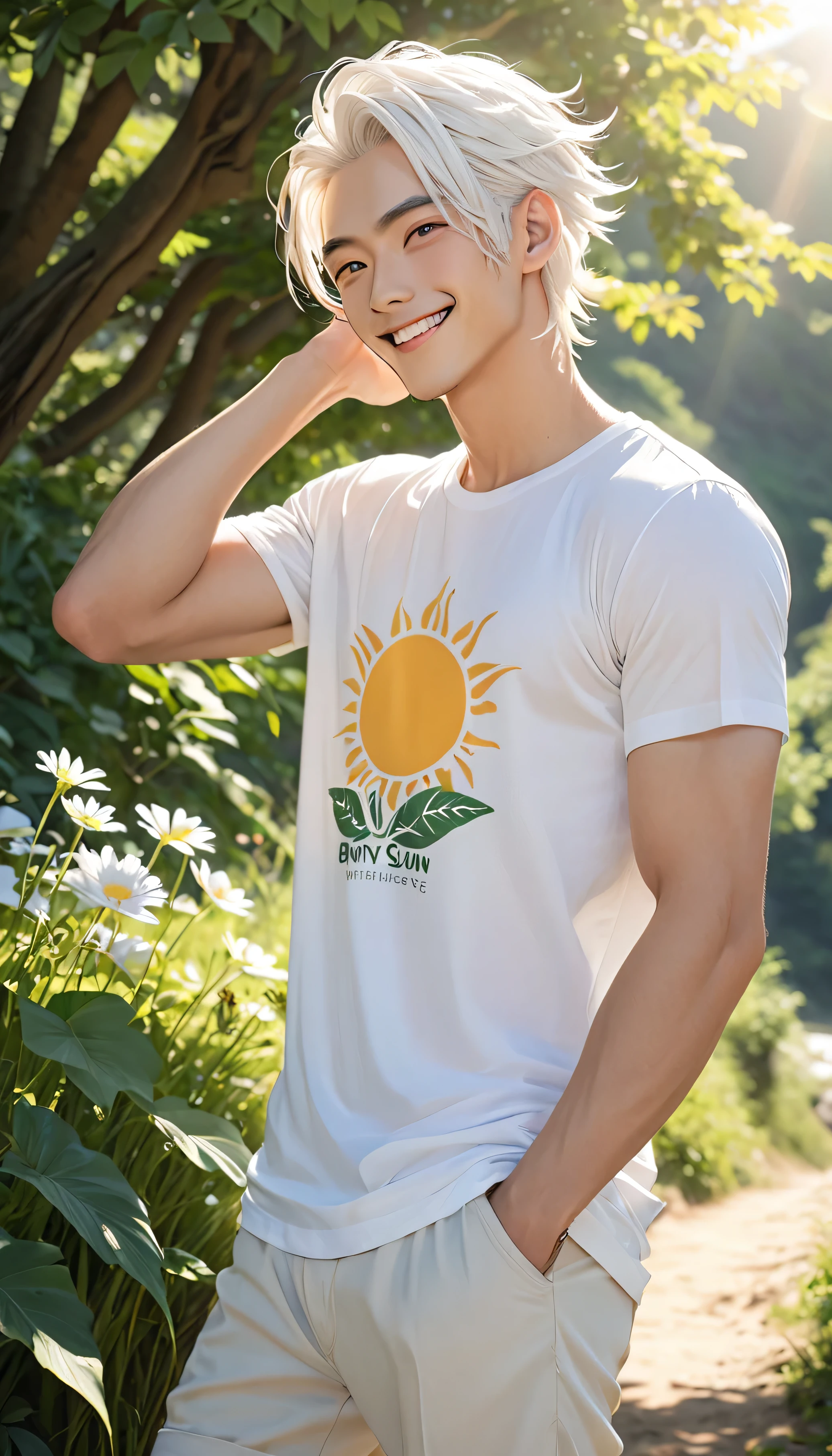 double eyelid、male、Muscular、Foreigners、White skin、smile、Smiling with teeth showing、White Hair、Set hairstyle、T-Shirts、Under the blazing sun、sunlight、summer、20th Generation、Bony face、tall、White eyebrows、Narrow eyes、Light blue eyes、Perfect figure、masterpiece、Nature、Mature male、A refreshing location、It's hot