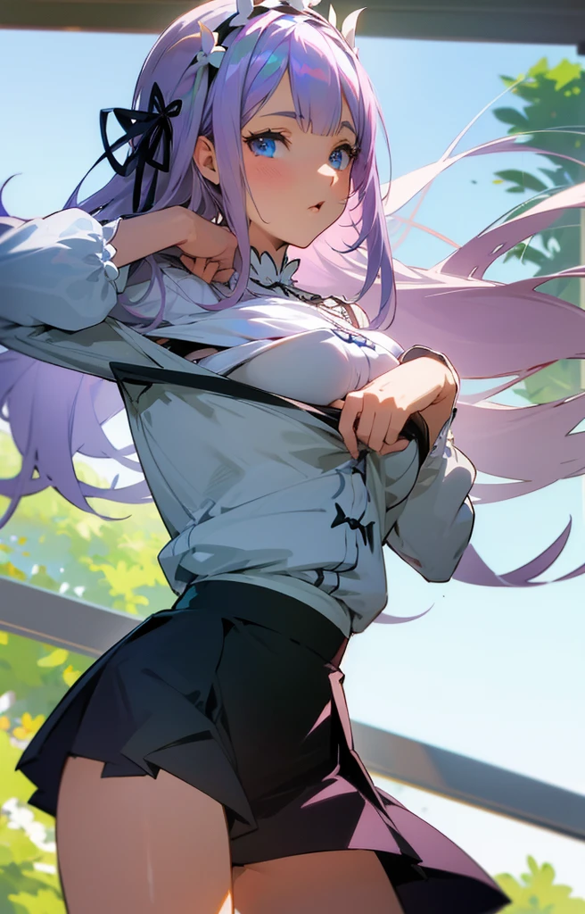 emilia de re:zero, agaixada na biblioteca, cabelo branco longo, ornamento de cabelo, olhos roxos, sentada, re:zero
