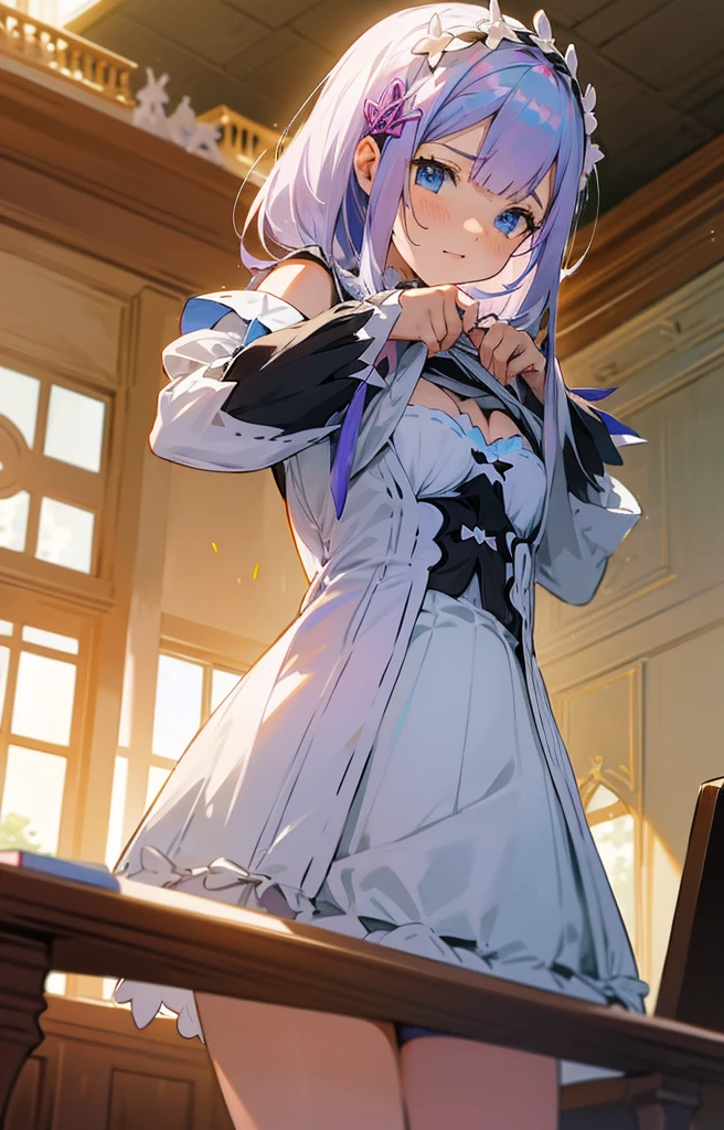 emilia de re:zero, agaixada na biblioteca, cabelo branco longo, ornamento de cabelo, olhos roxos, sentada, re:zero