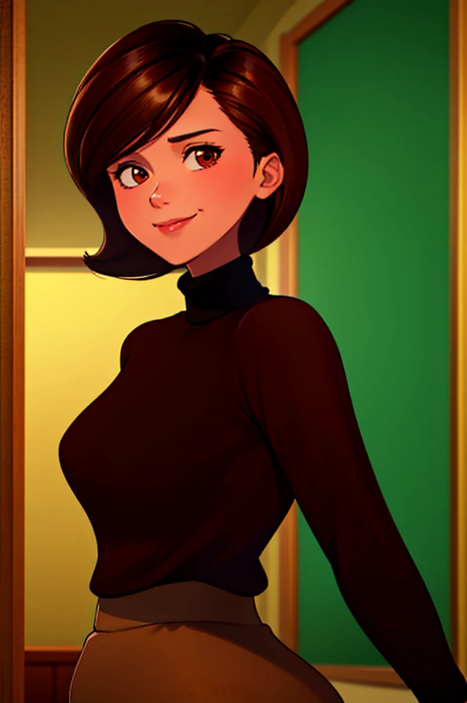 ????? body, big ass, tits, pussy, helen parr, masterpiece, best quality, solo, brown hair, brown eyes, turtleneck, sweater, smile, short hair, turtleneck sweater, black sweater, 1girl, upper body, closed mouth, indoors, portrait, black sweater,