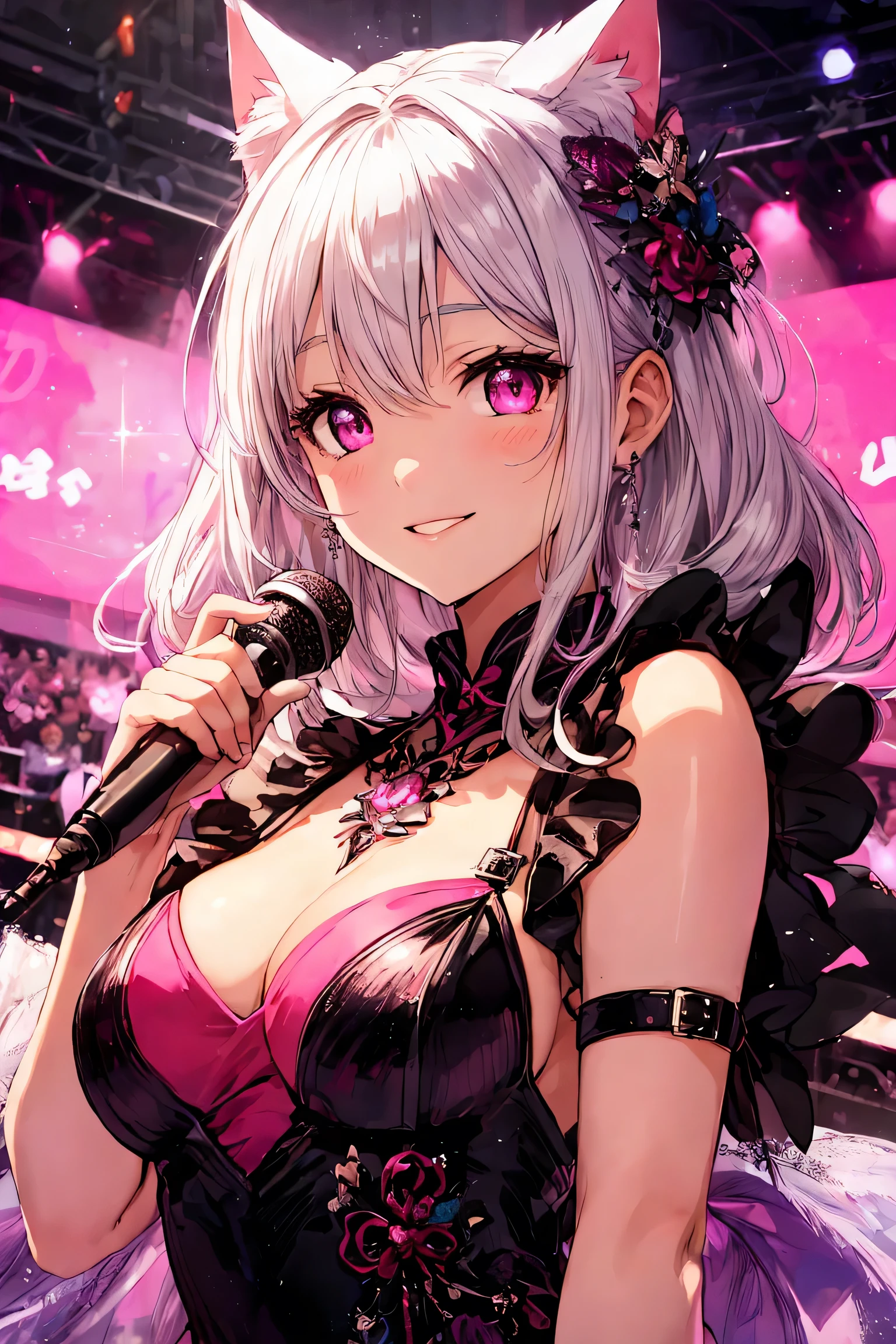 非Highly detailed face,fine grain,Highlighted eyes, medium breasts ,pretty girl, smile shyly,Cat ear,Beautiful silver hair,Pink inside,Beautiful pink eyes,shiny skin, beautiful shadow, singing scene, dress scene, looking the viewer, Represent idol in bright colors, Represent idol dress in colorful colors