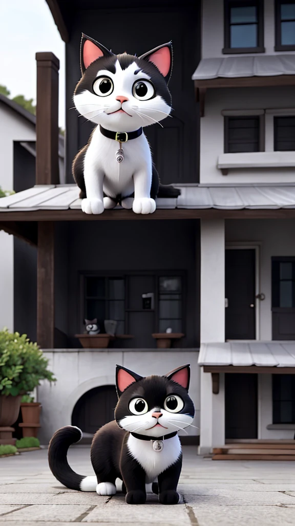 The same black and white cat meowing to call over other neighborhood cats, who come to see what’s going on.