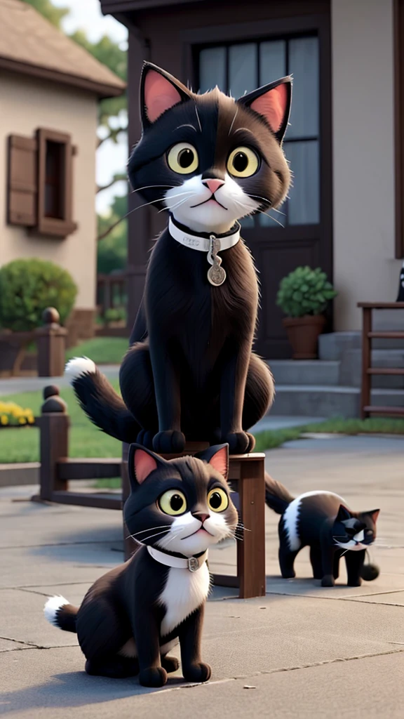 The same black and white cat meowing to call over other neighborhood cats, who come to see what’s going on.