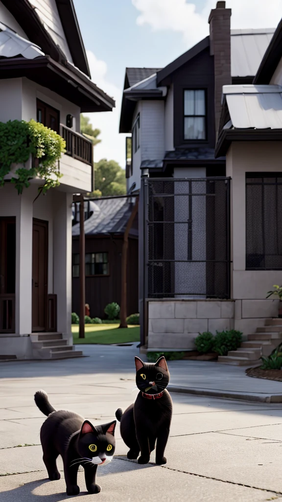 The same black and white cat meowing to call over other neighborhood cats, who come to see what’s going on.