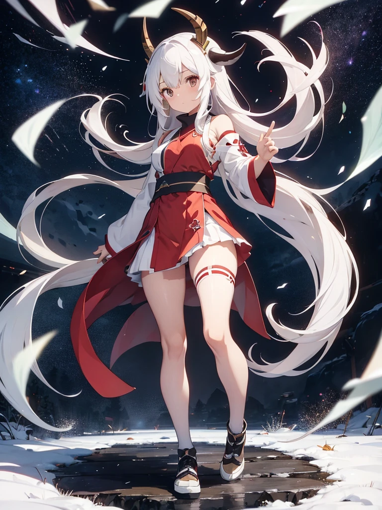 Miko long dressed ,goat horn, white hair, Long hair,full body