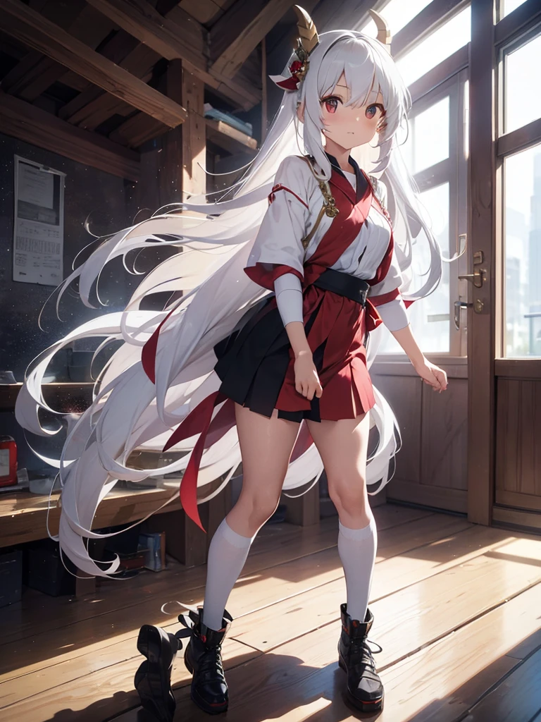 Miko long dressed ,goat horn, white hair, Long hair,full body