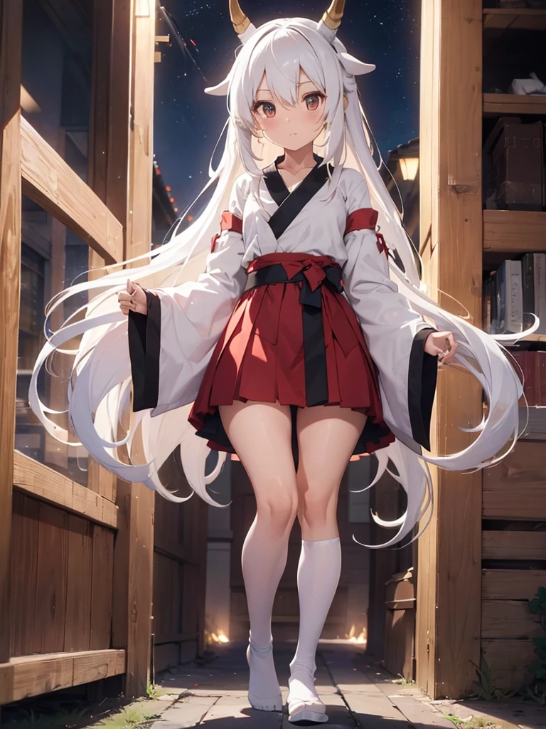 Miko long dressed ,goat horn, white hair, Long hair,full body