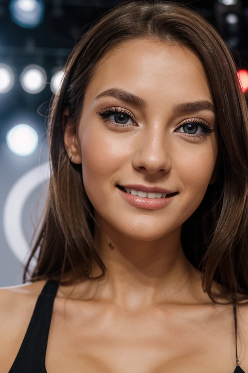 Photograph of a 25 year old woman, on Stage, ganze ansicht, dancing, asia mix, perfektes Gesicht, small breasts, lebensfreude, frisches aussehen, Meisterwerk, realistisches Aussehen, sportliche figur, 165cm tall, slightly tanned skin, realistische haut, charming smile, braune haare, southern type woman, augen auf die kamera gerichtet, nachmittag, sommer, 50mm focus length, dunkle braune augen, big eyes, Beautiful eyelashes, natural makeup,