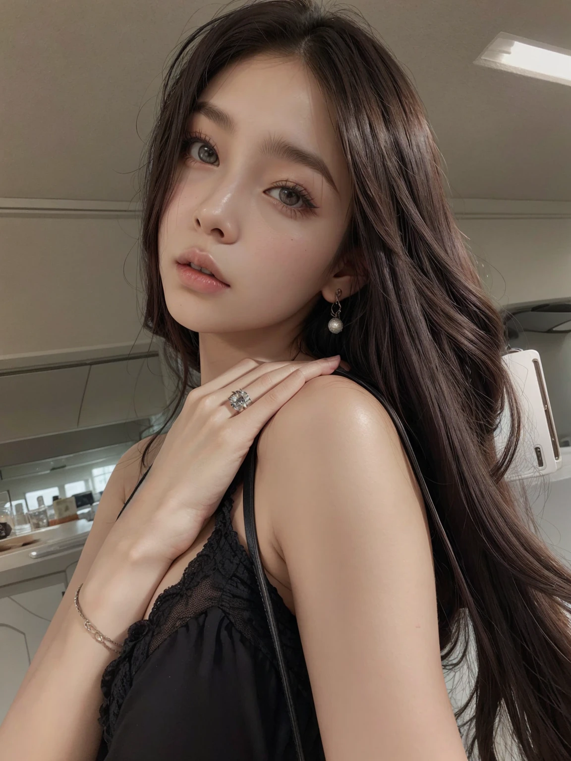 there is a woman that is posing for a picture with a purse, portrait sophie mudd, anna nikonova aka newmilky, bella poarch, dasha taran, angelina stroganova, kailee mandel, style of julia razumova, julia gorokhova, madison beer, with long hair and piercing eyes, soft devil queen madison beer , blackpink jennie , blackpink Lisa , asian famale face , cute girl , Korean famale