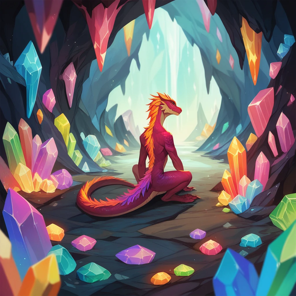 Masterpiece, best quality, colorful lizard, crystal cave with colorful stones