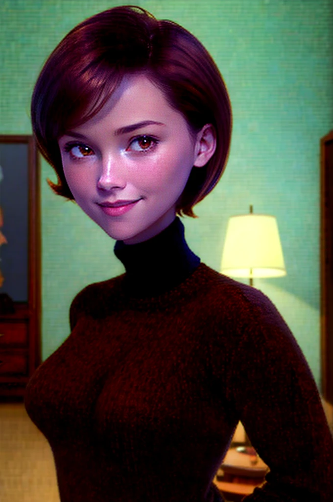Naked body, big ass, tits, pussy, helen parr, masterpiece, best quality, solo, brown hair, brown eyes, turtleneck, sweater, smile, short hair, turtleneck sweater, black sweater, 1girl, upper body, closed mouth, indoors, portrait, black sweater,