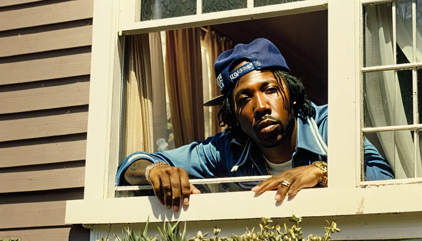 1970s photo of "MC Eiht" wearing 1970s attire, peeking thru the window of a home from the inside, atmospheric perspective,