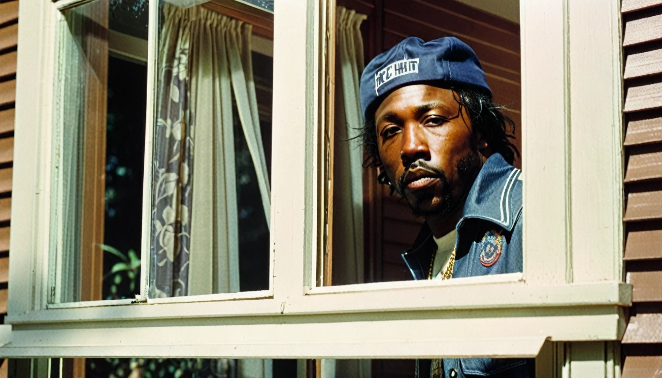 1970s photo of "MC Eiht" wearing 1970s attire, peeking thru the window of a home from the inside, atmospheric perspective, 