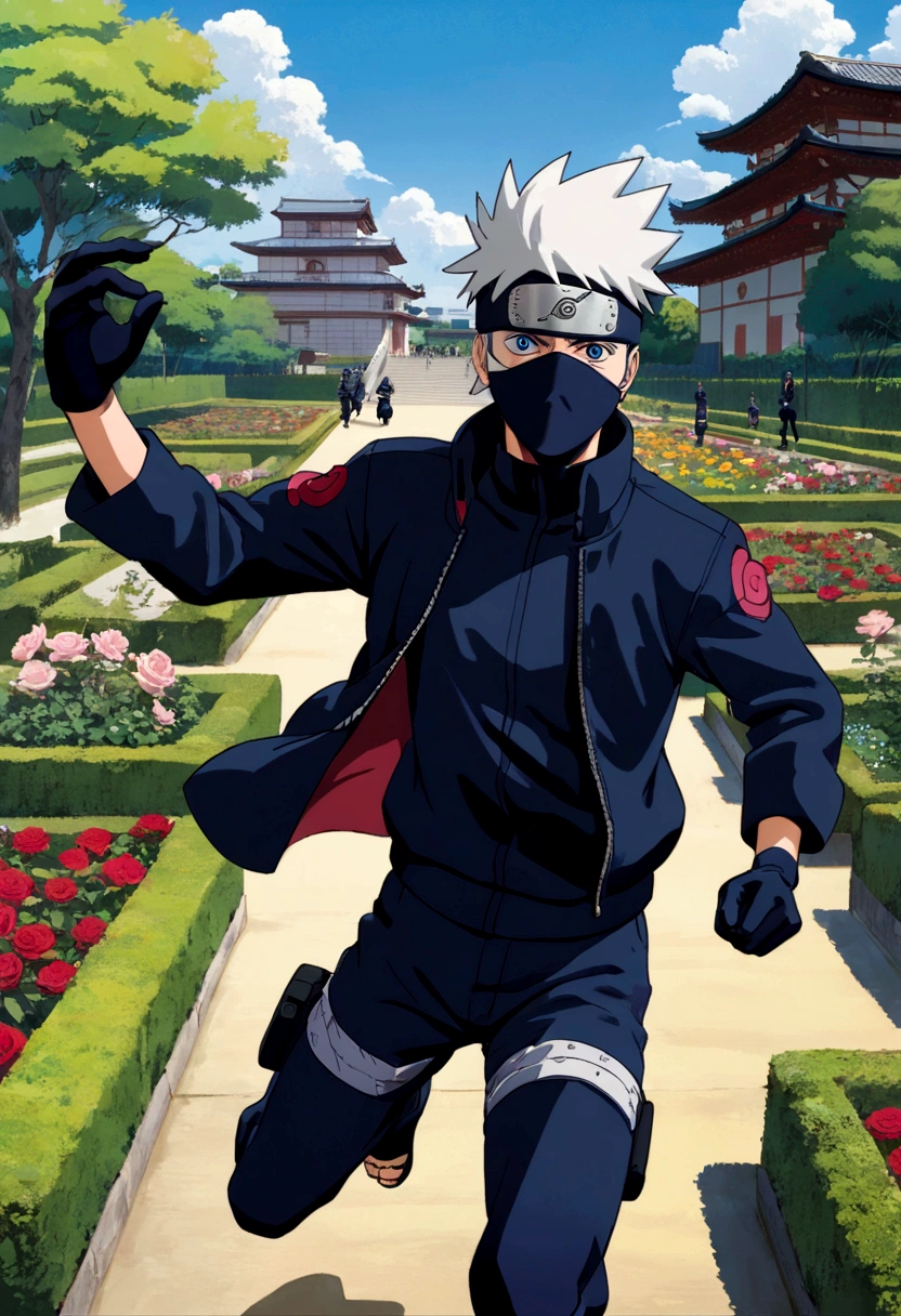 1boy, Hatake Kakashi, "NARUTO", run to viewer, Motion Blur, forehead protector cover one eye, (Eye Patch, eye mask), konohagakure symbol, queen's rose garden background, a thrilling chase through the city, white hair, jacket, black gloves, fingerless gloves, vest, long sleeves, spiked hair, ninja, art by fumihiko (fu mihi ko) and kairunoburogu, solo, male focus, anime screenshot, source_anime, dramatic composition, cinematic lighting, (masterpiece, best quality, Professional, perfect composition, very aesthetic, absurdres, ultra-detailed, intricate details:1.3)