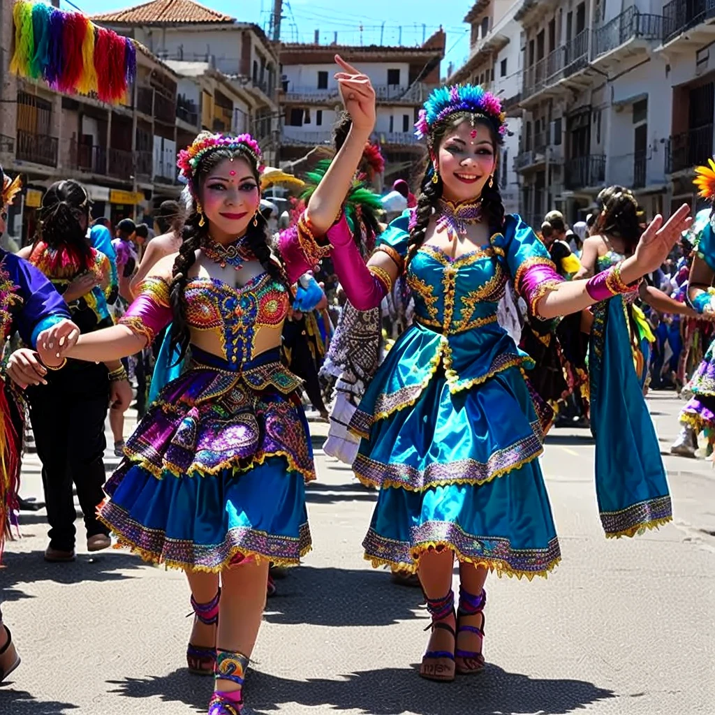 Hermosa mujer blanca ojos azules.Araffes con trajes coloridos caminando por una calle con una multitud, carnaval de barranquilla, Carrozas Carnaval, elaboradamente disfrazado, carneval, vistiendo un traje adornado, traje elaborado, festival de colores ricos, disfraz tradicional, exotic costumes, folklorico, still style, danza azteca dancers