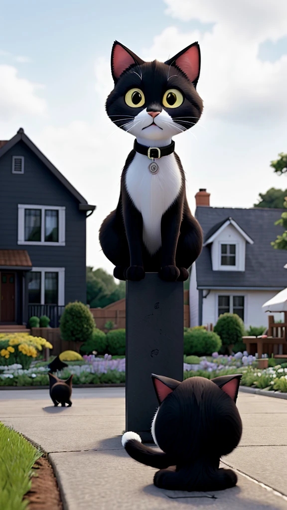 The same black and white cat meowing to call over other neighborhood cats, who come to see what’s going on in the garden